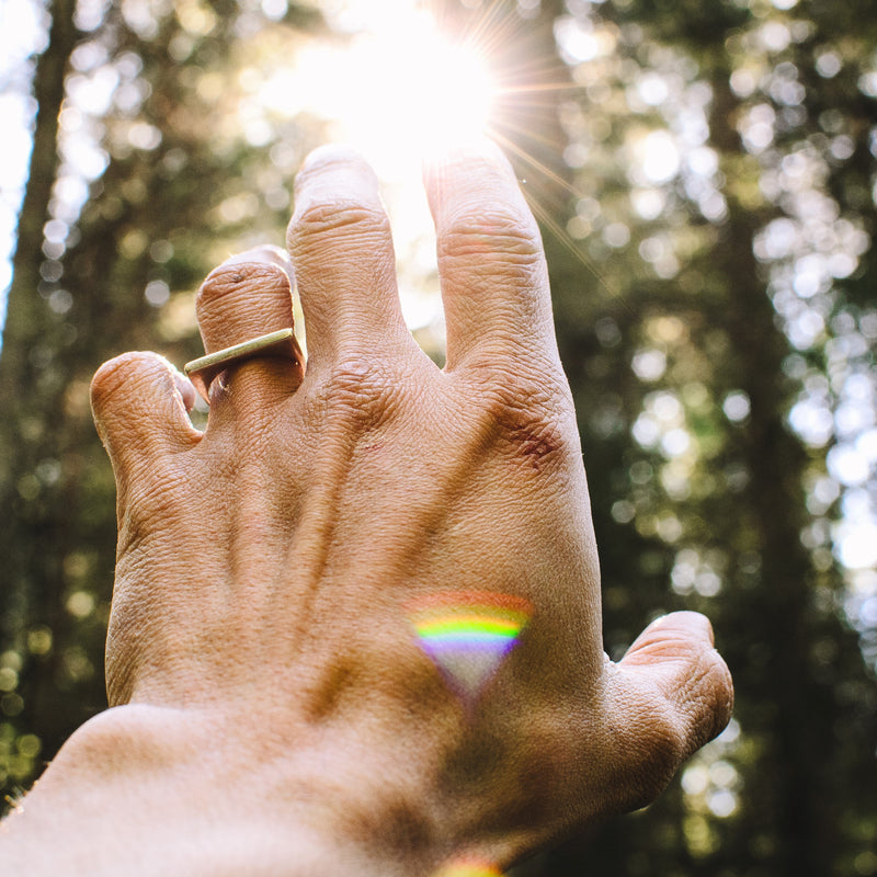 A person holding his hand towards the sun in a forest with a small rainbow reflection on his hand